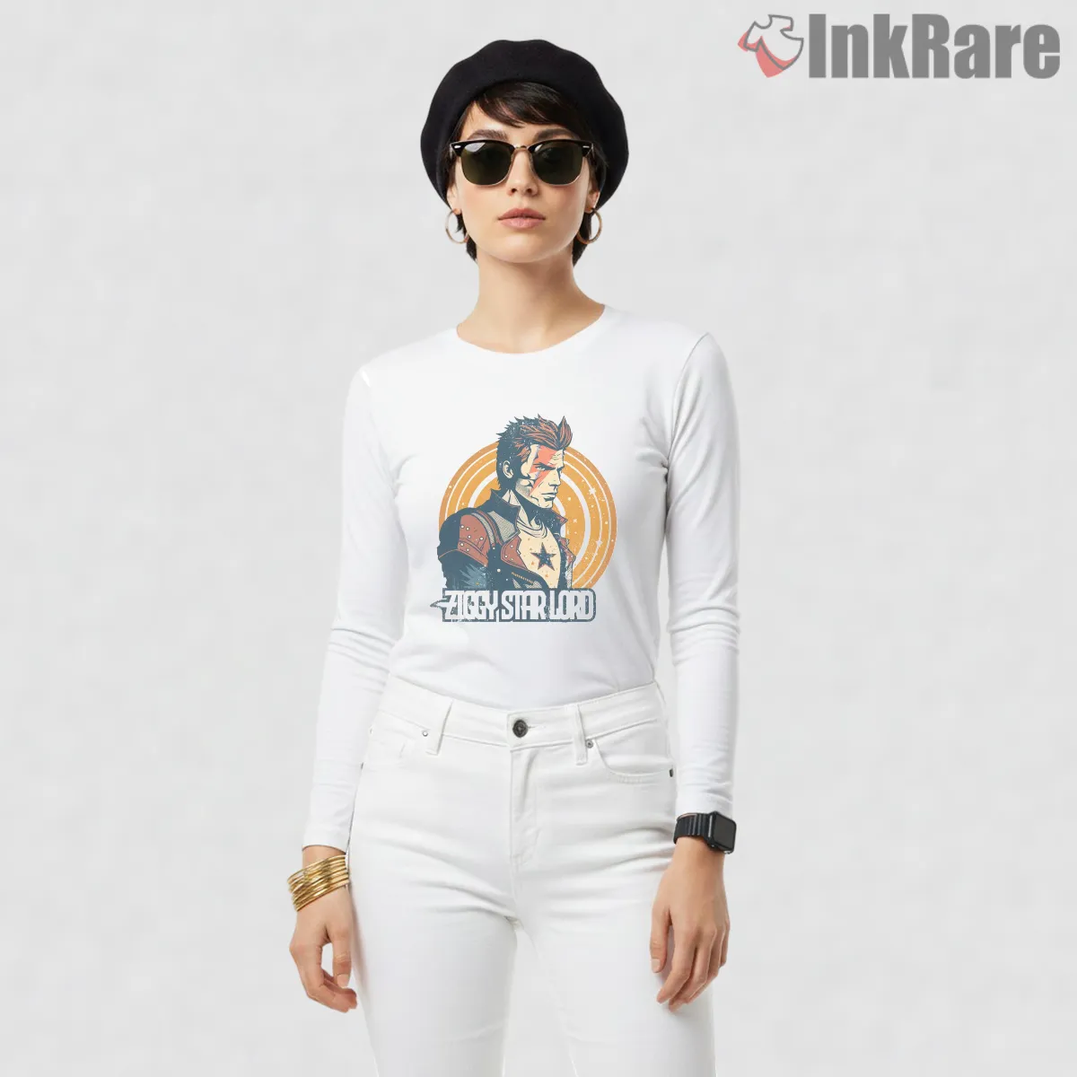 David Bowie Ziggy Stardust Star Lord Crossover Long Sleeve White David Bowie Ziggy Stardust Star Lord Crossover Shirt on white long sleeve shirt for women graphic tee