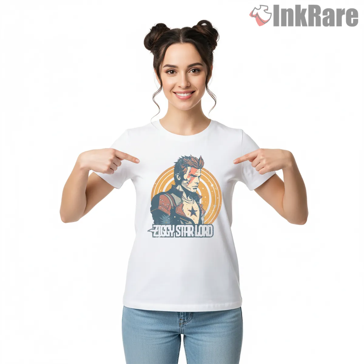 David Bowie Ziggy Stardust Star Lord Crossover Short Sleeve White David Bowie Ziggy Stardust Star Lord Crossover Shirt on white short sleeve shirt for women graphic tee