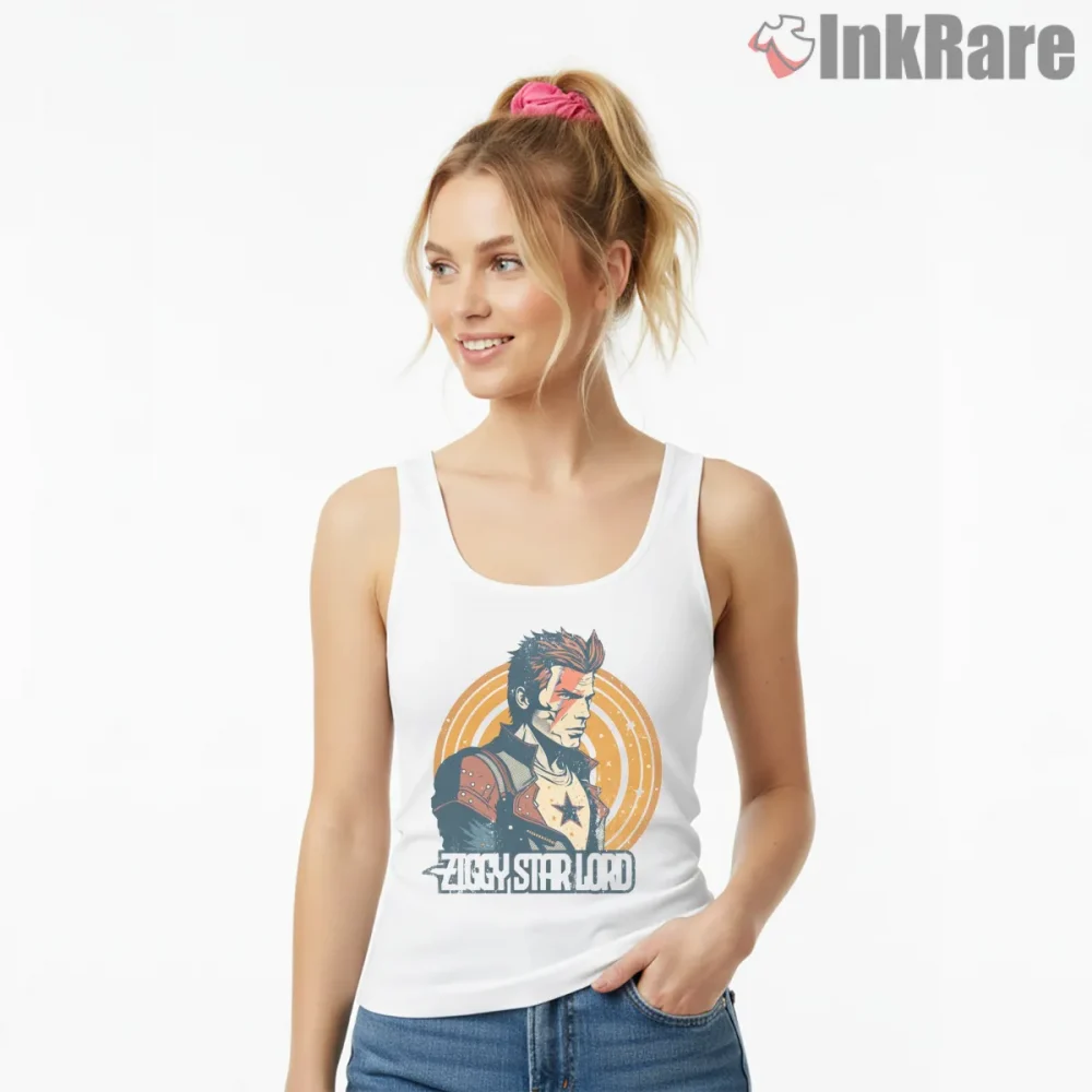 David Bowie Ziggy Stardust Star Lord Crossover Shirt on white tank top for women graphic tee