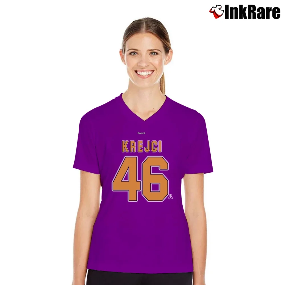 Women’s David Krejci Boston Bruins Player V-Neck Tee in purple | Chic Neckline, Soft Texture