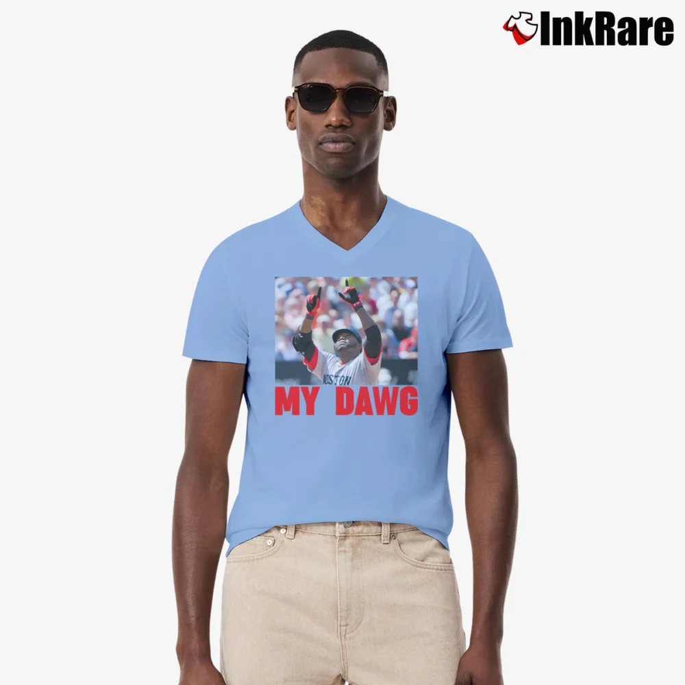 Men’s David Ortiz My Dawg V-Neck Tee in light blue | Sharp, Breathable, Everyday Staple