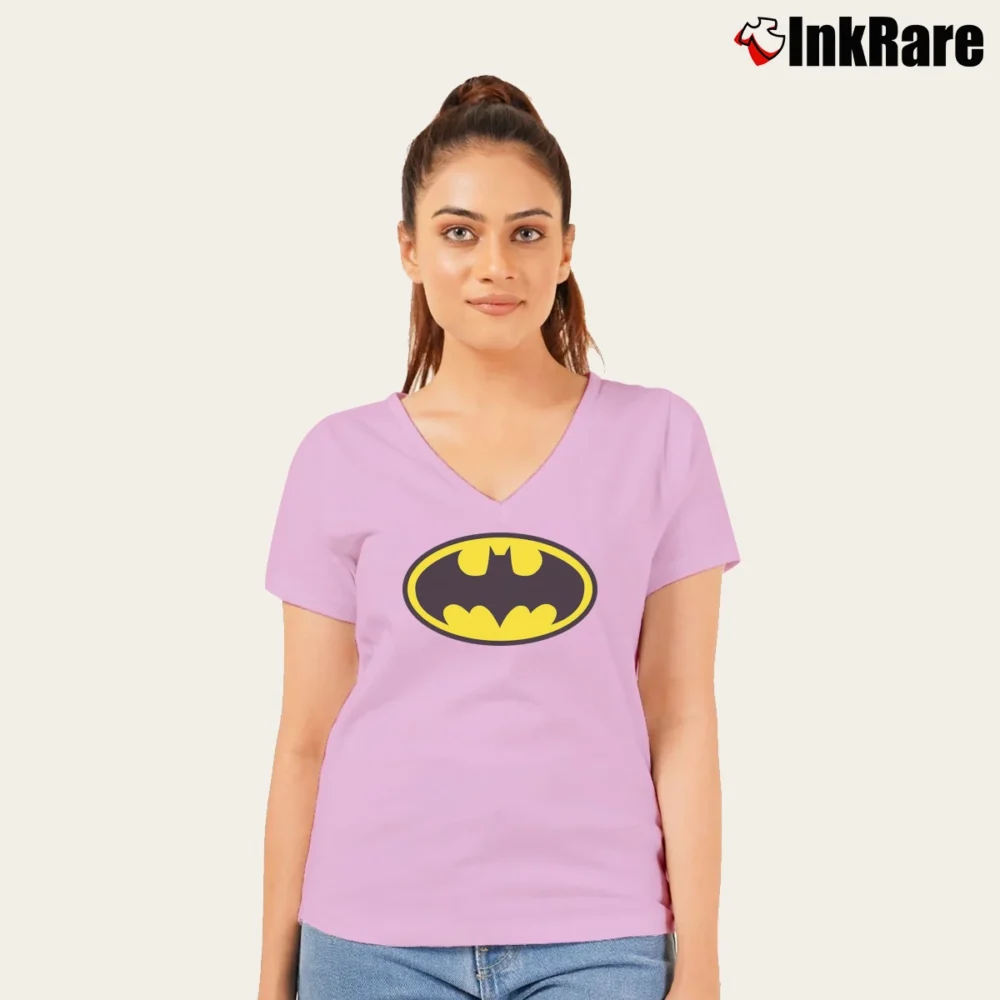 Women’s DC Comics Batman Logo V-Neck Tee in light pink | Chic Neckline, Soft Texture