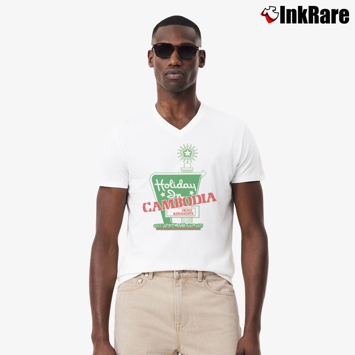 Men’s Dead Kennedys Holiday in Cambodia V-Neck Tee in white | Sharp, Breathable, Everyday Staple