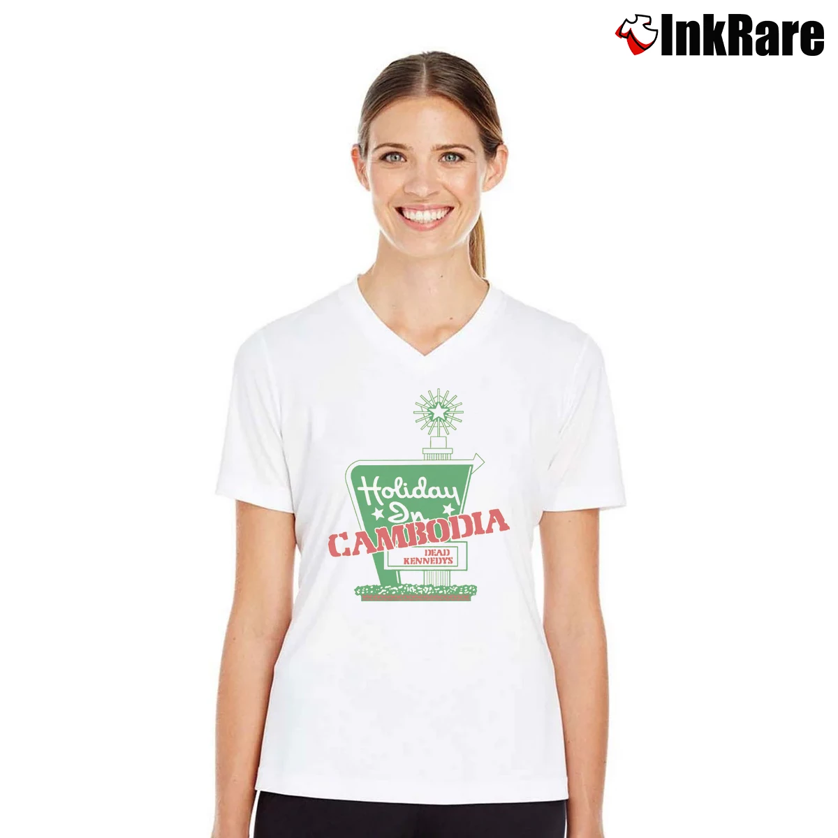 Women’s Dead Kennedys Holiday in Cambodia V-Neck Tee in white | Chic Neckline, Soft Texture