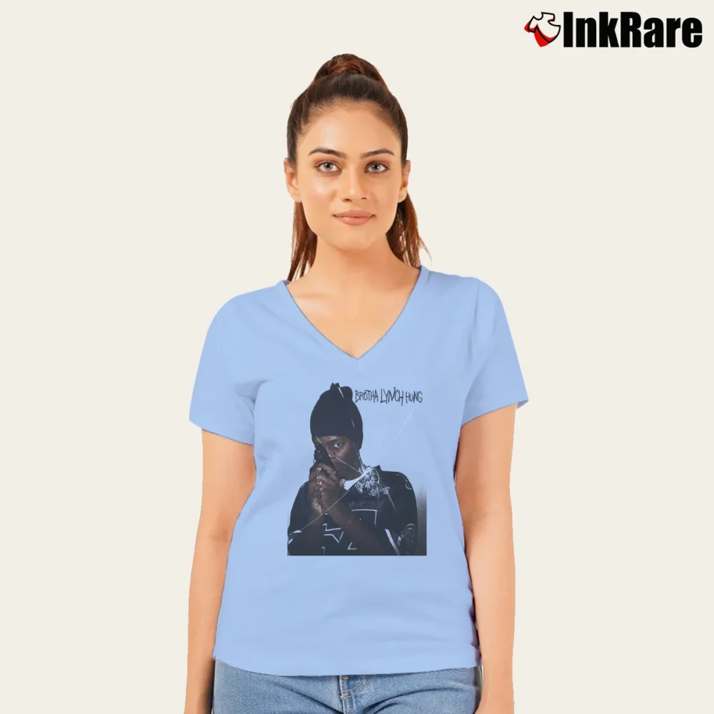 Women’s Dead Man Walking Brotha Lynch Hung V-Neck Tee in light blue | Chic Neckline, Soft Texture