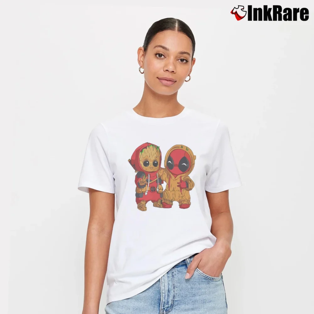 Women’s Deadpool And Baby Groot Comic Crossover Signature T-Shirt in white | Soft, Flattering Fit