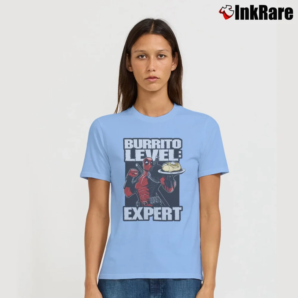 Women’s Deadpool Burrito Level Expert Marvel Signature T-Shirt in light blue | Soft, Flattering Fit