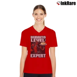 Women’s Deadpool Burrito Level Expert Marvel V-Neck Tee in red | Chic Neckline, Soft Texture