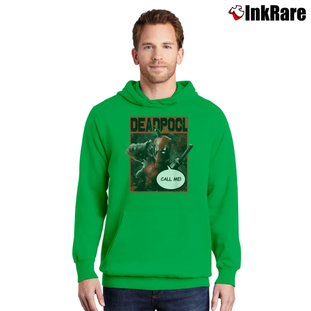 Men’s Deadpool Call Me Hand Gesture Wink Marvel Graphic Pullover Hoodie in irish green | Cozy, Durable, Modern Fit