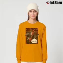 Women’s Deadpool Call Me Hand Gesture Wink Marvel Graphic Long-Sleeve Top in orange | Sleek, Versatile, All-Season