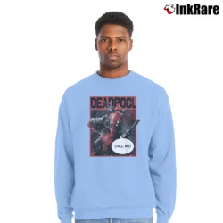 Men’s Deadpool Call Me Hand Gesture Wink Marvel Graphic Crewneck Sweatshirt in light blue | Cozy Fabric, Clean Style
