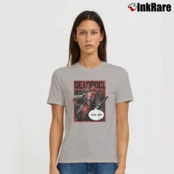 Women’s Deadpool Call Me Hand Gesture Wink Marvel Graphic Signature T-Shirt in sport grey | Soft, Flattering Fit