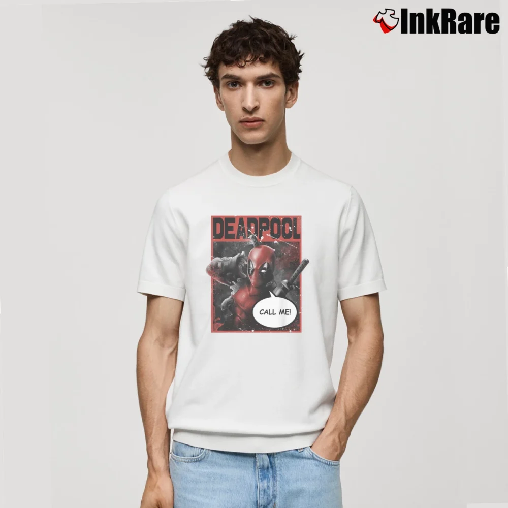 Men’s Deadpool Call Me Hand Gesture Wink Marvel Graphic Classic T-Shirt in white | Soft, Breathable Everyday Wear