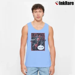 Men’s Deadpool Call Me Hand Gesture Wink Marvel Graphic Tank Top in light blue | Breathable, Active-Friendly Design
