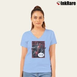 Women’s Deadpool Call Me Hand Gesture Wink Marvel Graphic V-Neck Tee in light blue | Chic Neckline, Soft Texture