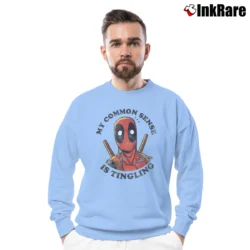 Men’s Deadpool Common Sense Is Tingling Marvel Graphic Crewneck Sweatshirt in light blue | Cozy Fabric, Clean Style