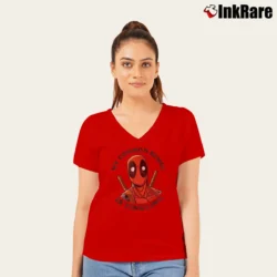 Women’s Deadpool Common Sense Is Tingling Marvel Graphic V-Neck Tee in red | Chic Neckline, Soft Texture