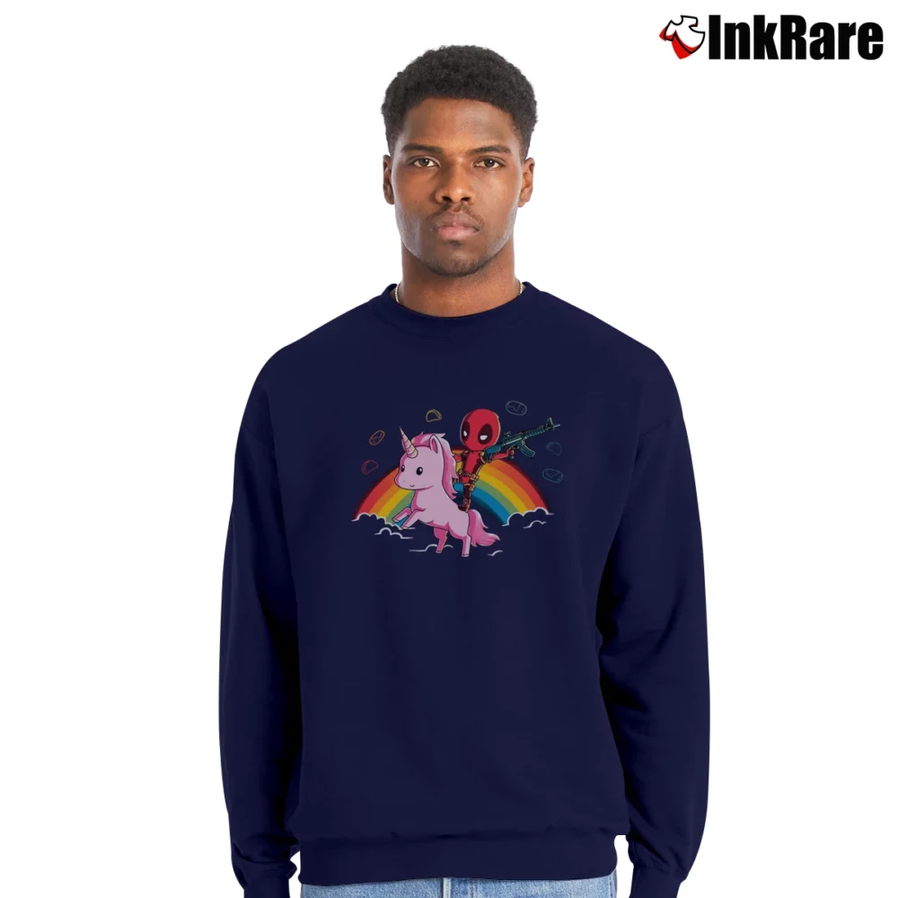 Men’s Deadpool Epic Riding a Unicorn Marvel Comic Crewneck Sweatshirt in navy | Cozy Fabric, Clean Style