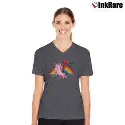Women’s Deadpool Epic Riding a Unicorn Marvel Comic V-Neck Tee in charcoal | Chic Neckline, Soft Texture
