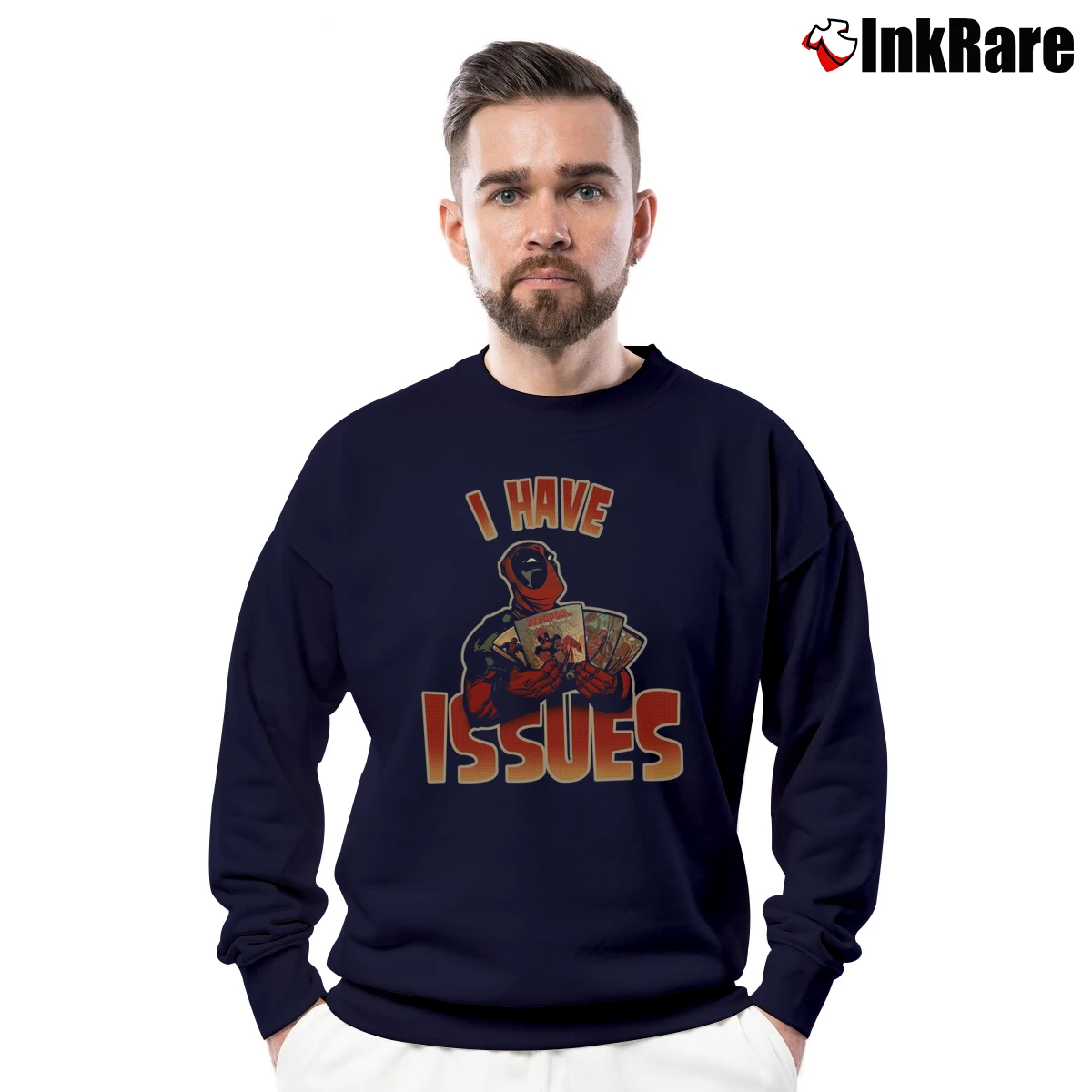 Deadpool I Have Issues Men’s Crewneck Sweatshirt in navy – Soft & Durable Men’s Deadpool I Have Issues Crewneck Sweatshirt in navy | Cozy Fabric, Clean Style