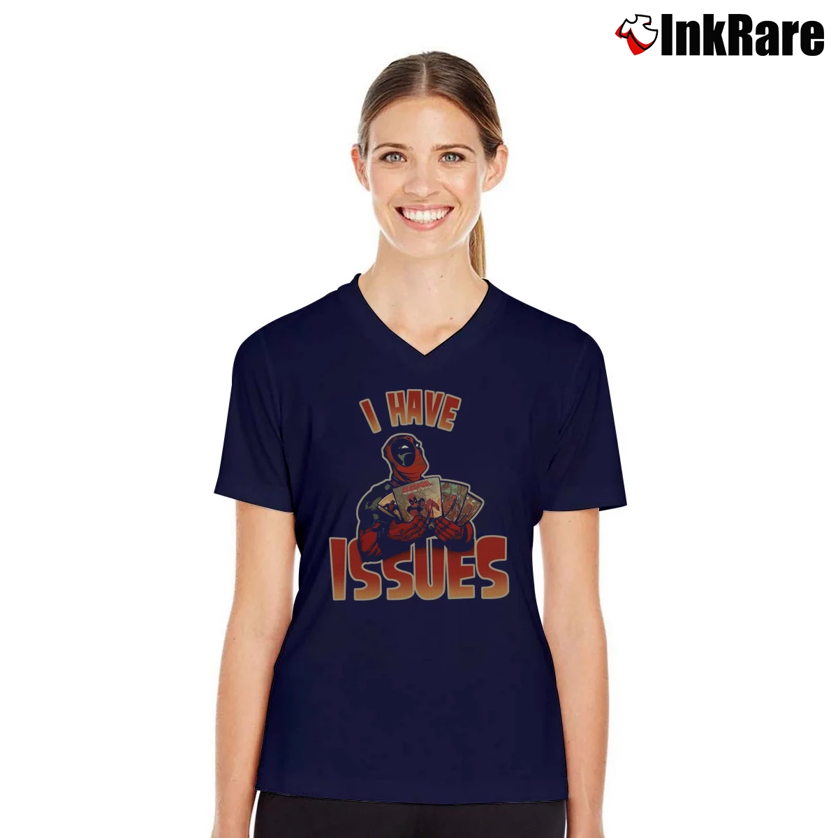 Deadpool I Have Issues Women’s V-Neck Tee in navy – Flattering Fit Women’s Deadpool I Have Issues V-Neck Tee in navy | Chic Neckline, Soft Texture