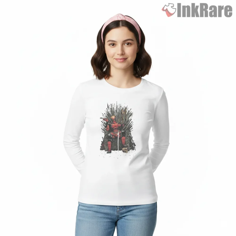 Deadpool Iron Throne Mashup Comic Style Shirt on white long sleeve shirt for women graphic tee