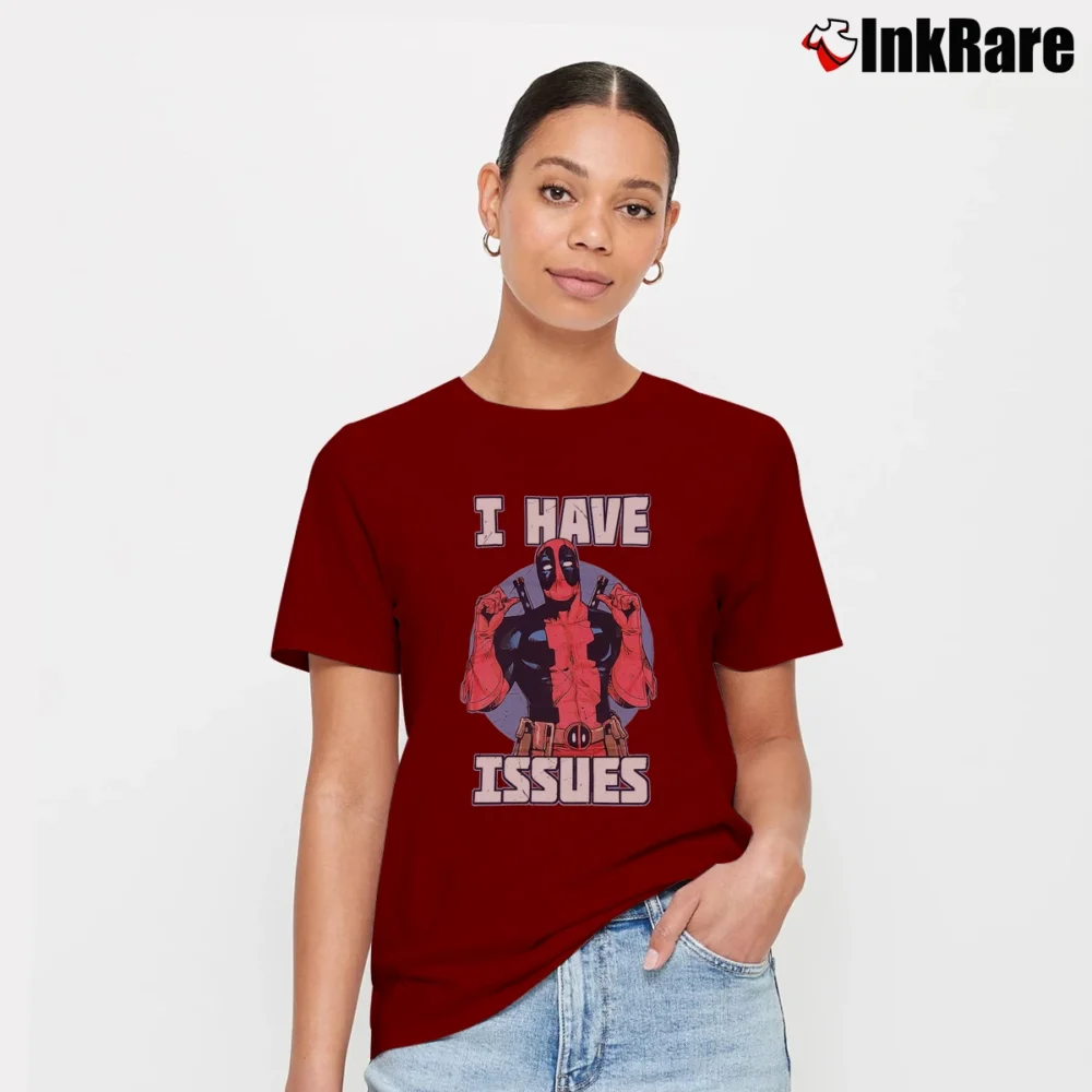 Women’s Deadpool Marvel I Have Issues Comic Signature T-Shirt in maroon | Soft, Flattering Fit