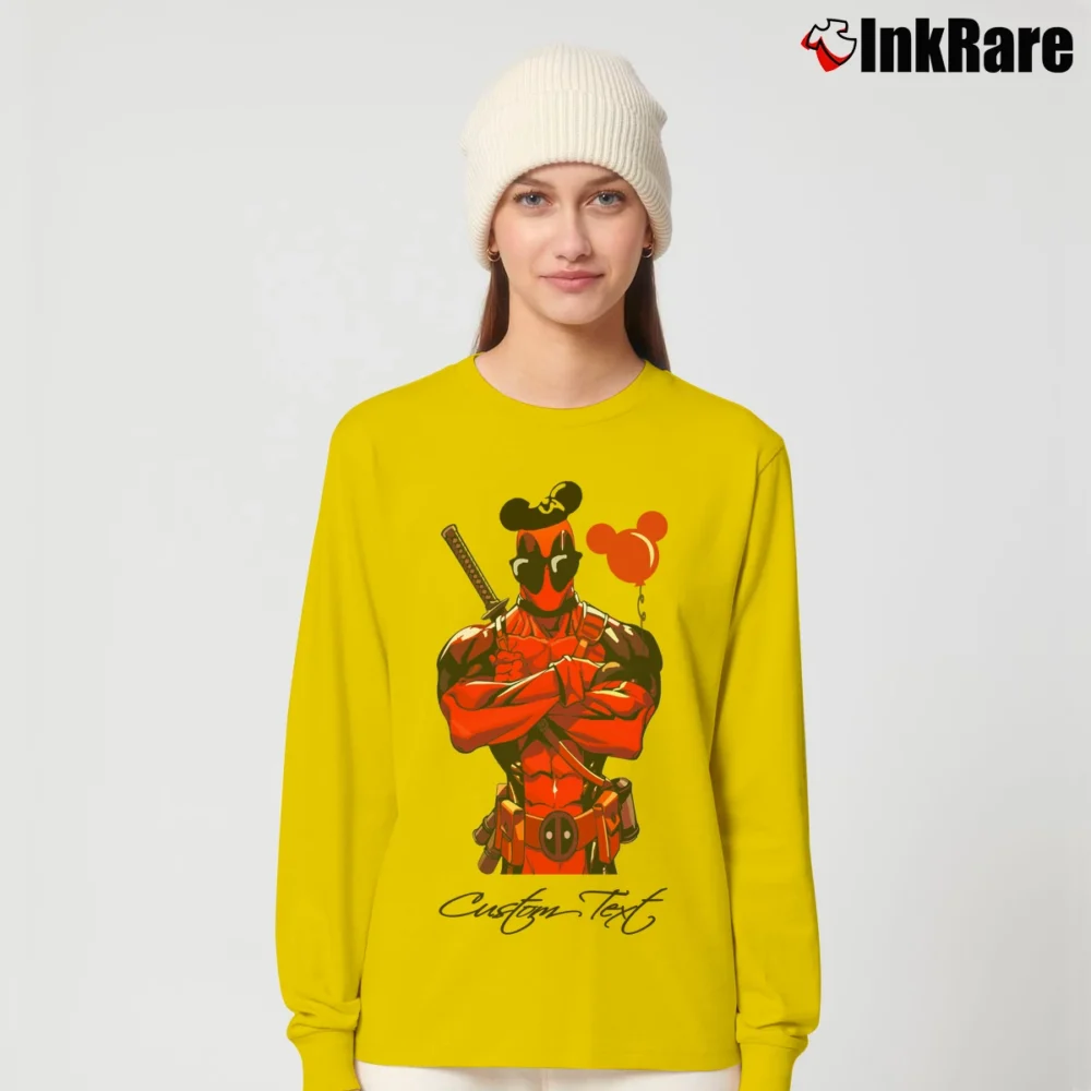 Women’s Deadpool Marvel Mickey Mouse Custom Name Gift Long-Sleeve Top in yellow | Sleek, Versatile, All-Season