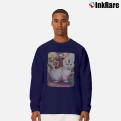 Men’s Deadpool Riding Unicorn Cat Graphic Long-Sleeve Shirt in navy | Sleek, Lightweight, Year-Round Wear