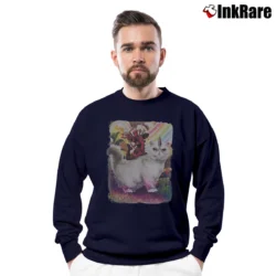 Men’s Deadpool Riding Unicorn Cat Graphic Crewneck Sweatshirt in navy | Cozy Fabric, Clean Style