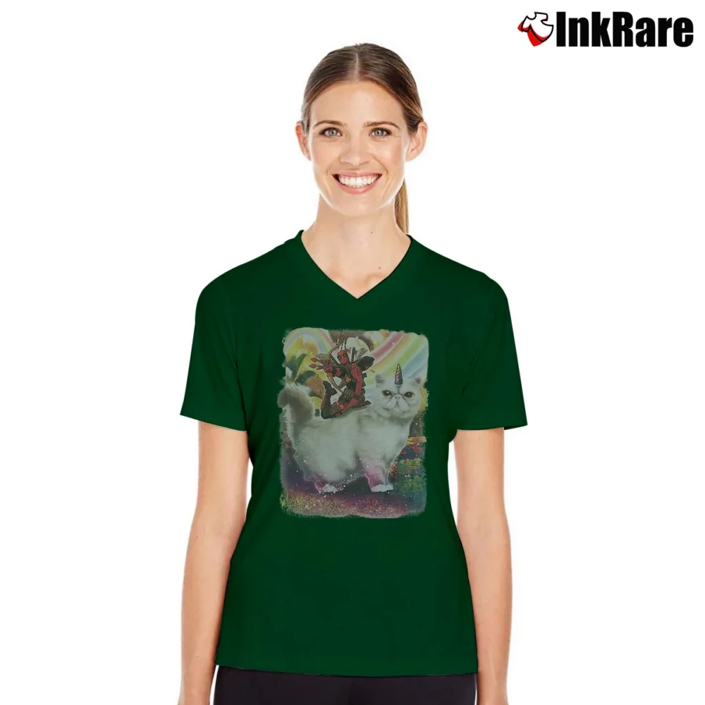 Women’s Deadpool Riding Unicorn Cat Graphic V-Neck Tee in forest green | Chic Neckline, Soft Texture