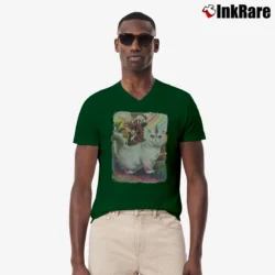 Men’s Deadpool Riding Unicorn Cat Graphic V-Neck Tee in forest green | Sharp, Breathable, Everyday Staple