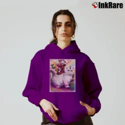 Women’s Deadpool Riding Unicorn Cat Marvel Comics Graphic Cozy Hoodie in purple | Warm, Structured, Stylish