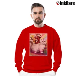 Men’s Deadpool Riding Unicorn Cat Marvel Comics Graphic Crewneck Sweatshirt in red | Cozy Fabric, Clean Style