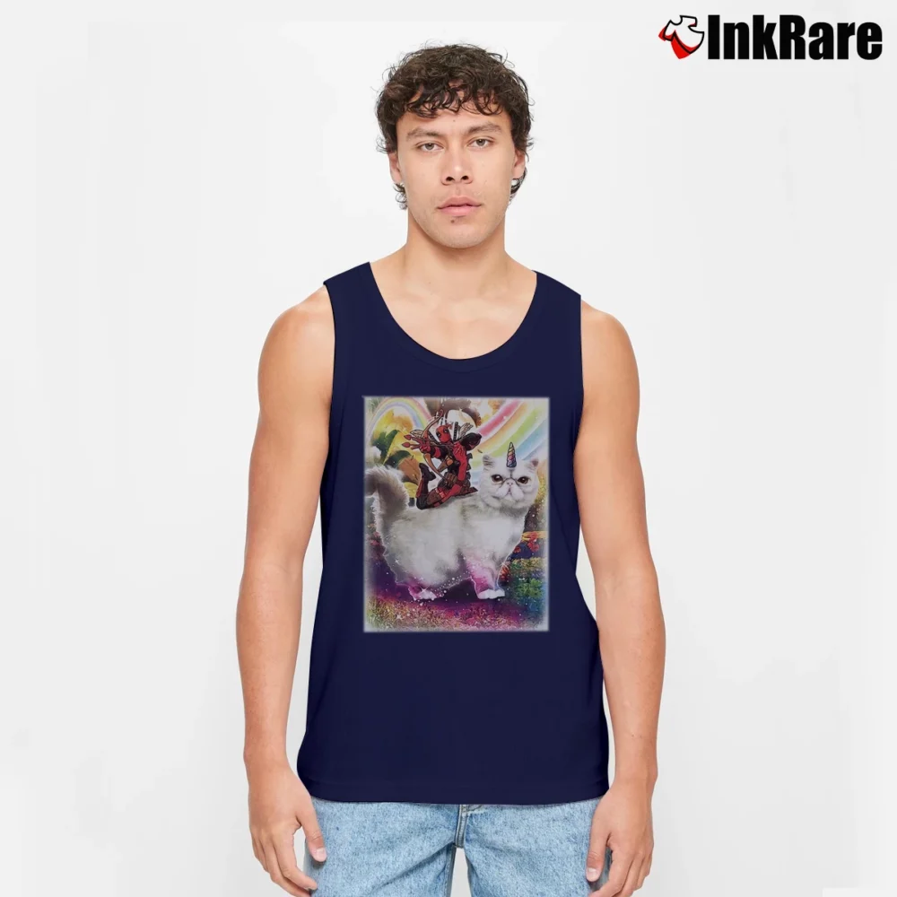 Men’s Deadpool Riding Unicorn Cat Marvel Comics Graphic Tank Top in navy | Breathable, Active-Friendly Design