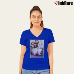 Women’s Deadpool Riding Unicorn Cat Marvel Comics Graphic V-Neck Tee in royal blue | Chic Neckline, Soft Texture