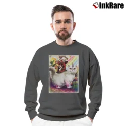 Men’s Deadpool Riding Unicorn Cat Crewneck Sweatshirt in charcoal | Cozy Fabric, Clean Style