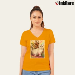Women’s Deadpool Riding Unicorn Cat V-Neck Tee in orange | Chic Neckline, Soft Texture