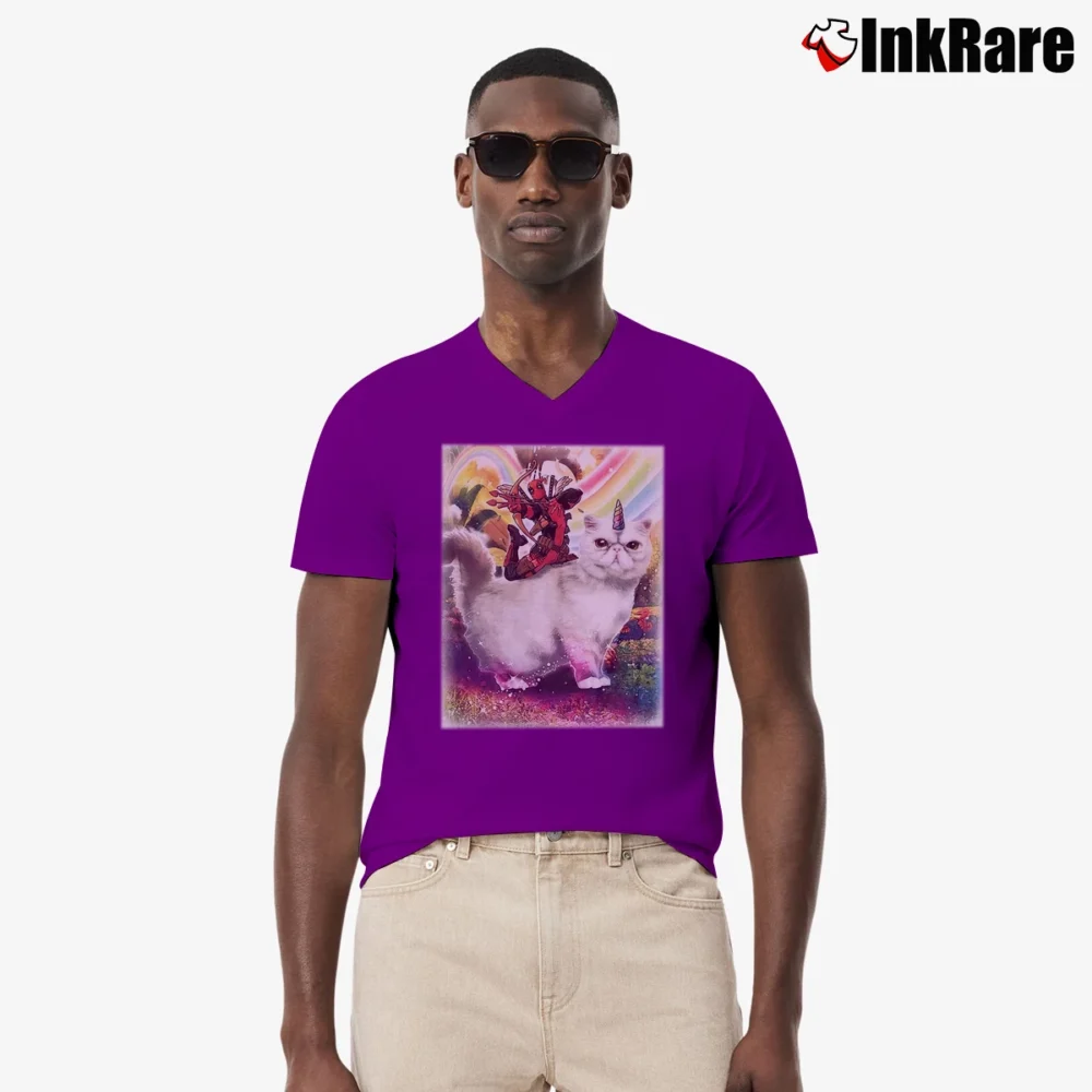 Men’s Deadpool Riding Unicorn Cat V-Neck Tee in purple | Sharp, Breathable, Everyday Staple