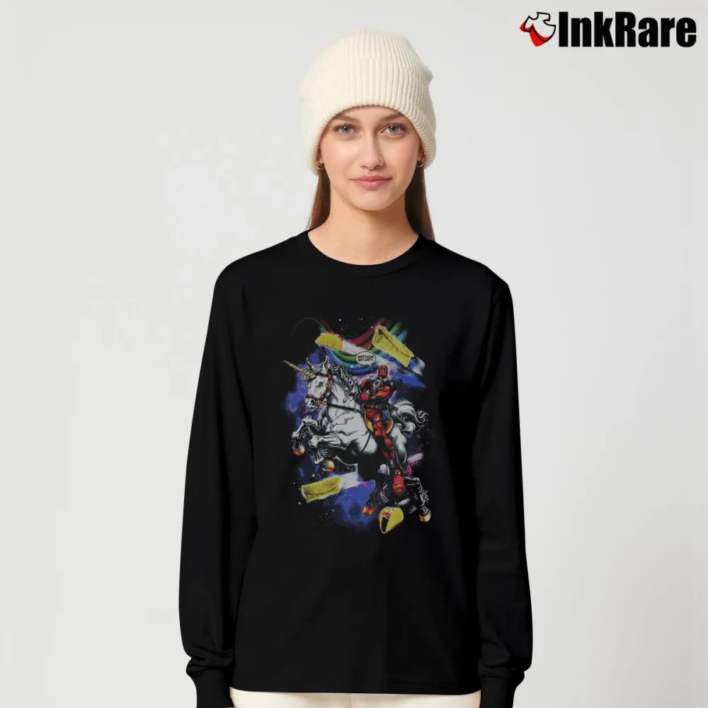 Women’s Deadpool Riding Unicorn Maximum Effort Marvel Comics Long-Sleeve Top in black | Sleek, Versatile, All-Season