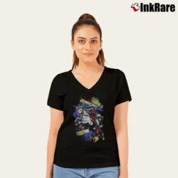 Women’s Deadpool Riding Unicorn Maximum Effort Marvel Comics V-Neck Tee in black | Chic Neckline, Soft Texture