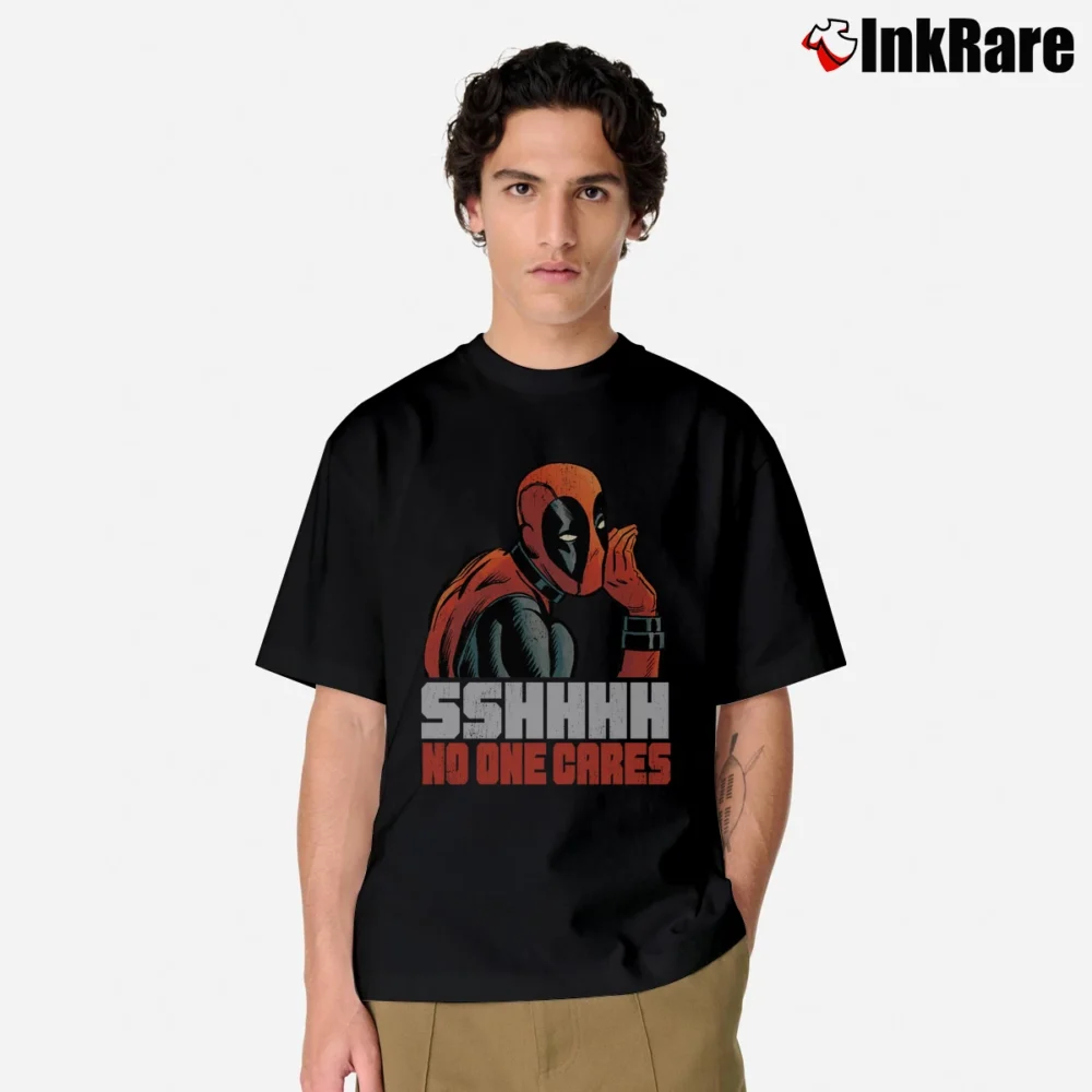 Men’s Deadpool Shhh No One Cares Whisper Marvel Classic T-Shirt in black | Soft, Breathable Everyday Wear