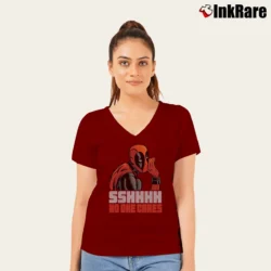 Women’s Deadpool Shhh No One Cares Whisper Marvel V-Neck Tee in maroon | Chic Neckline, Soft Texture