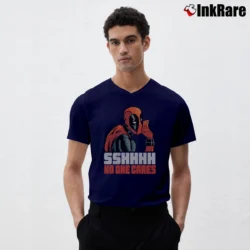 Men’s Deadpool Shhh No One Cares Whisper Marvel V-Neck Tee in navy | Sharp, Breathable, Everyday Staple