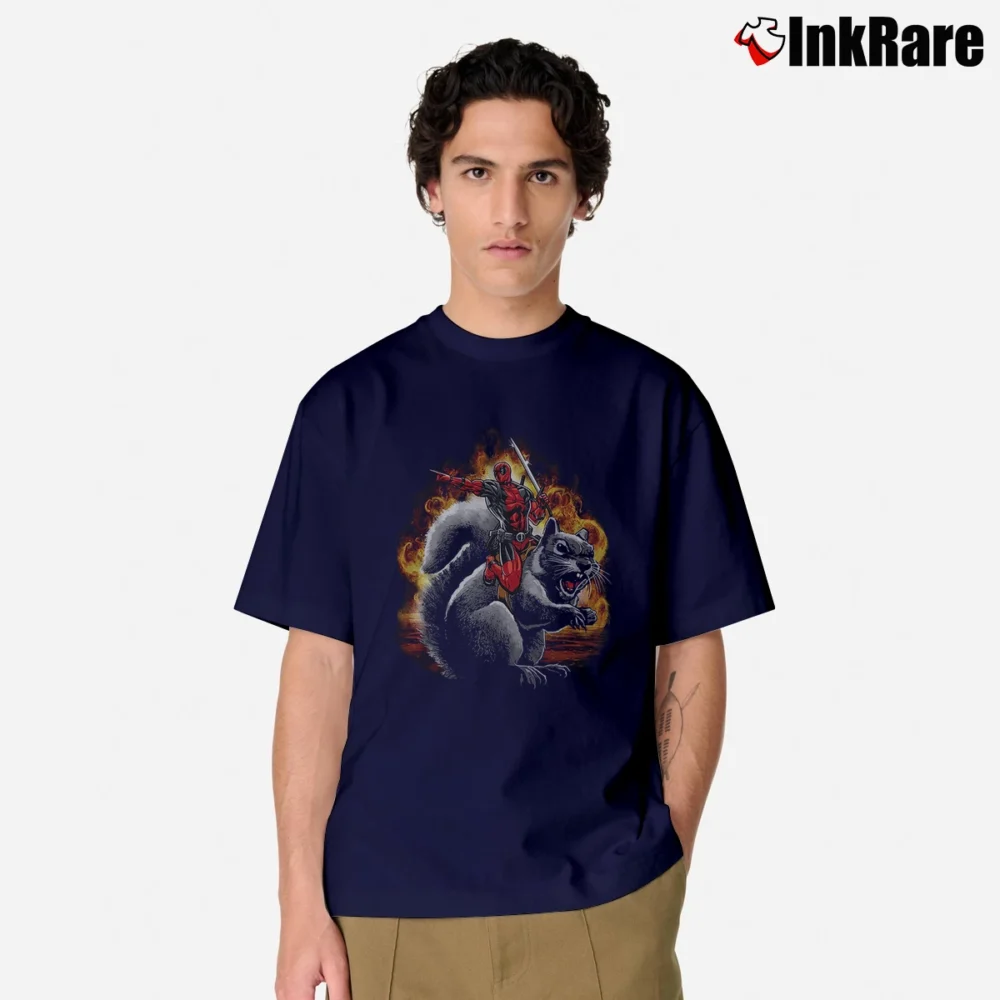 Men’s Deadpool Squirrel Wrangler Marvel Funny Comic Classic T-Shirt in navy | Soft, Breathable Everyday Wear