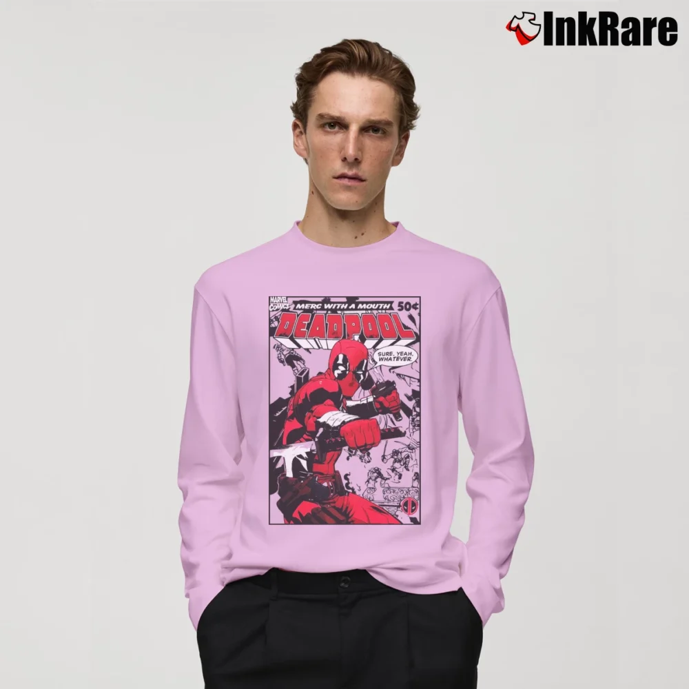 Men’s Deadpool Sure Yeah Whatever Marvel Comic Funny Long-Sleeve Shirt in light pink | Sleek, Lightweight, Year-Round Wear