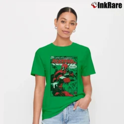 Women’s Deadpool Sure Yeah Whatever Marvel Comic Funny Signature T-Shirt in irish green | Soft, Flattering Fit