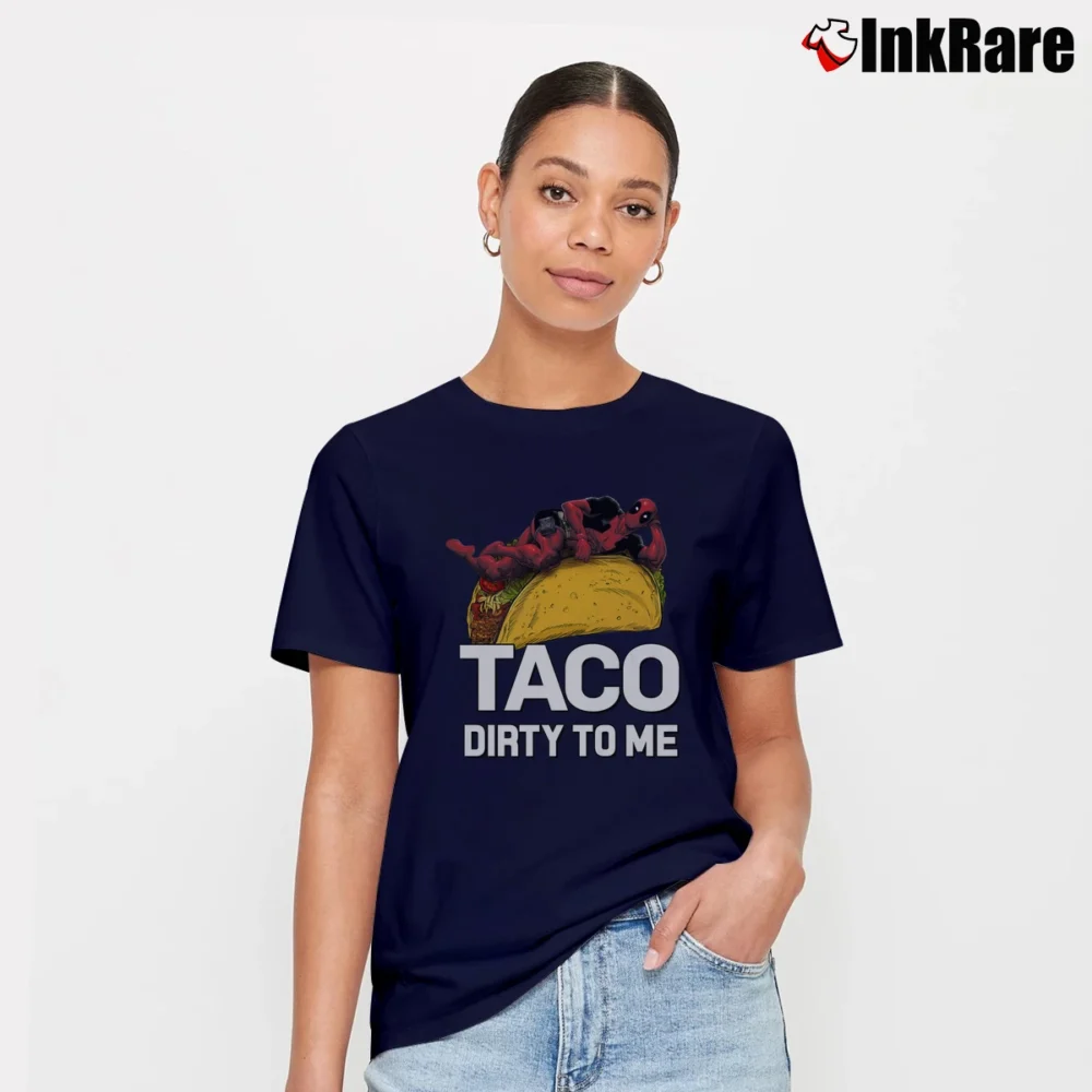 Women’s Deadpool Taco Dirty To Me Marvel Comic Signature T-Shirt in navy | Soft, Flattering Fit