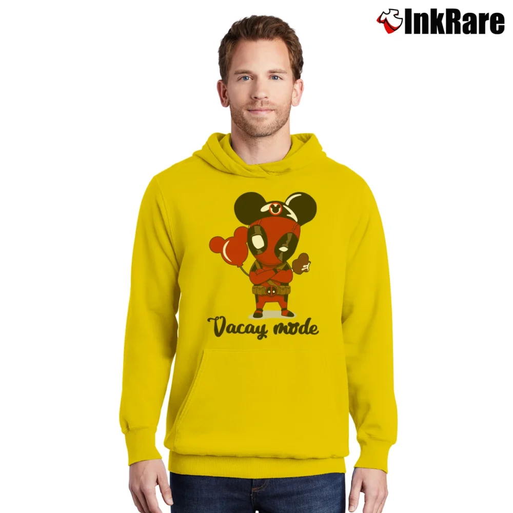 Men’s Deadpool Vacay Mode Marvel Mickey Mouse Balloons Pullover Hoodie in yellow | Cozy, Durable, Modern Fit