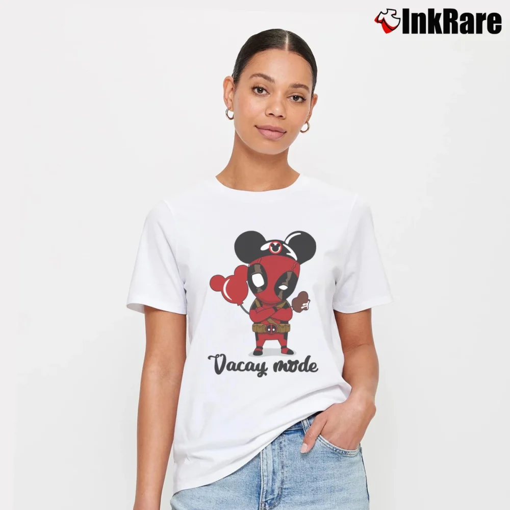 Women’s Deadpool Vacay Mode Marvel Mickey Mouse Balloons Signature T-Shirt in white | Soft, Flattering Fit